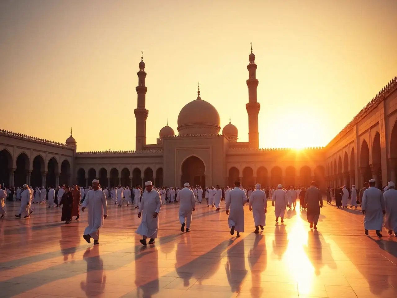 Pilgrims crossing the mosque courtyard at golden hour