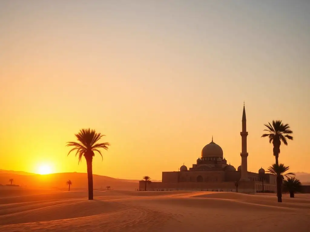 Historic mosque in the desert at sunset